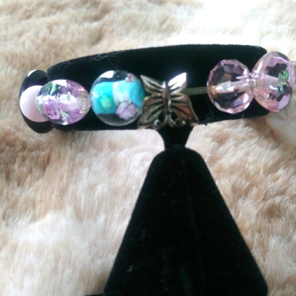 Glass Beaded Charm Stretch Bracelet Handmade